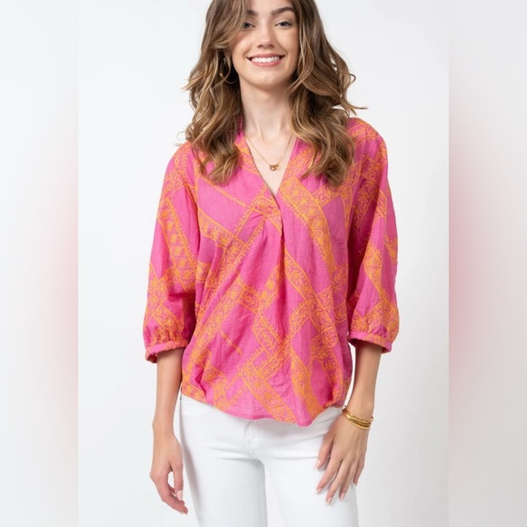 Ivy Jane EMBROIDERED POPOVER TOP in Orange and Pink Size M/L - Picture 1 of 9